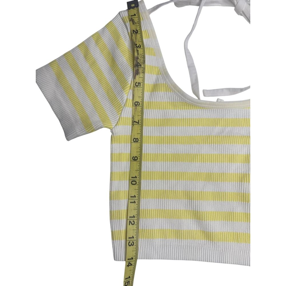 Yellow White Striped‎ Ribbed Crop Top Tie-Back Short Sleeve Knit - Picture 6 of 7